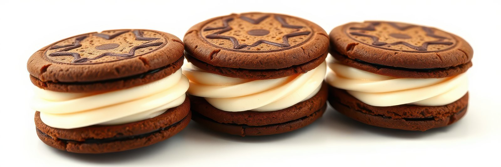 Three chocolate sandwich cookies with creamy filling arranged on a white background, perfect for dessert lovers and snack enthusiasts